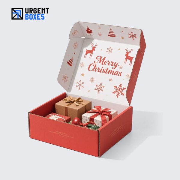 Custom printed Christmas mailer boxes filled with holiday gifts